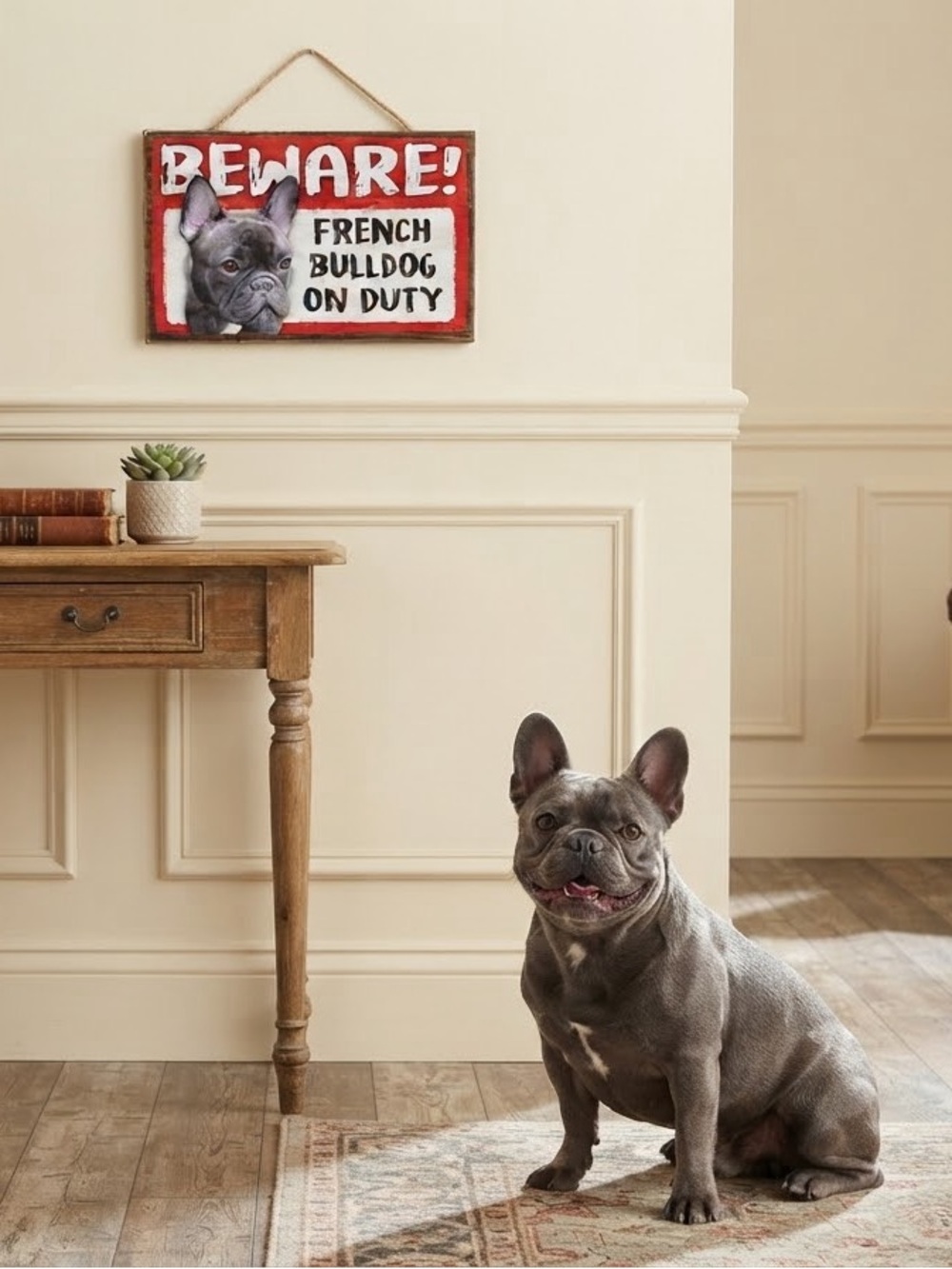 Beware! French Bulldog On Duty wooden wall hanging Sign - 8” wide